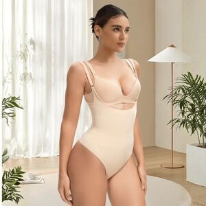 SHAPERX Seamless Open-Bust Tummy Control Thong Bodysuit Women's XS Beige $50